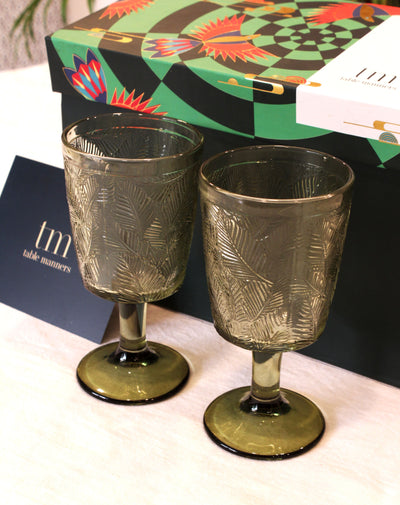 Green Embossed Wine Glass - Set of 2